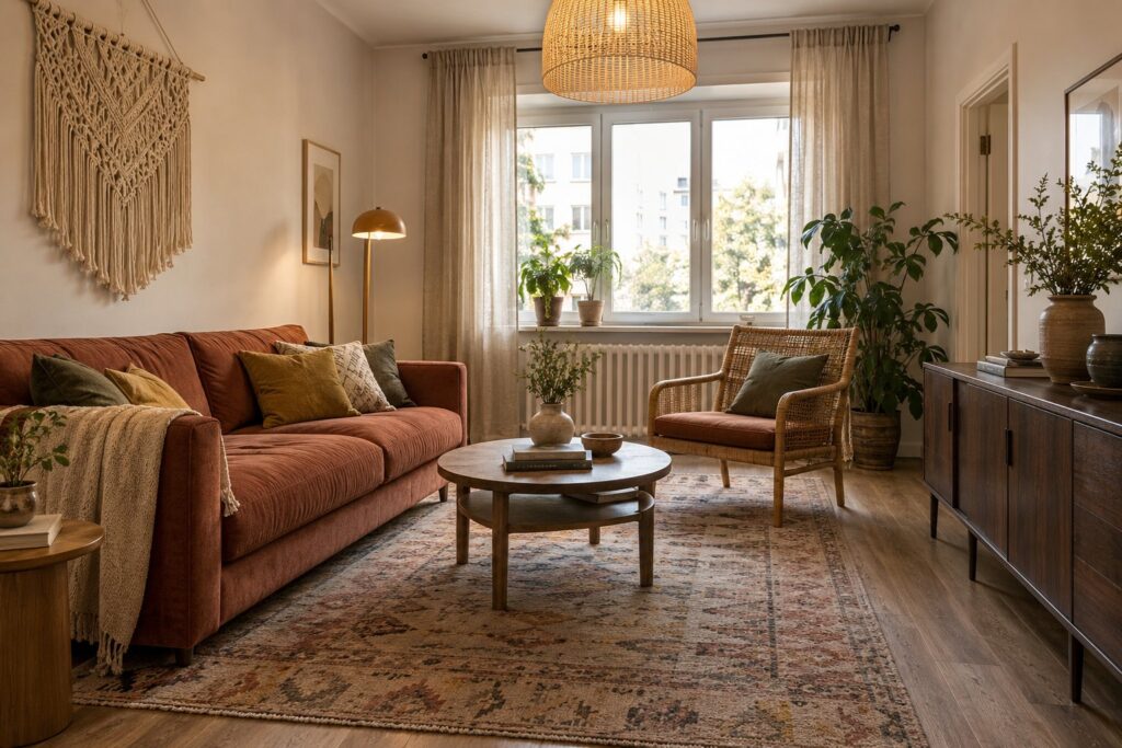 Гостиная бохо с терракотовым диваном, ротанговым креслом и выразительным текстилем
